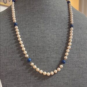 Vintage Faux Pearl and Blue Glass Beaded Necklace